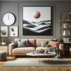 A living room with a template mockup poster empty white and with a couch and a coffee table image art photo used for printing.