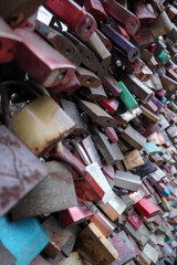 Angled view, love locks wall, bridge, Cologne (Köln), Germany, differential focus