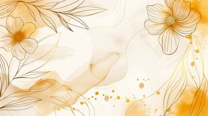 Luxury minimal style wallpaper with golden line art flower and botanical leaves, Organic shapes, Watercolor