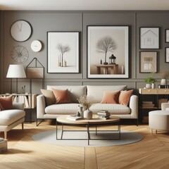 A living room with a template mockup poster empty white and with a couch and a coffee table image photo lively has illustrative meaning.