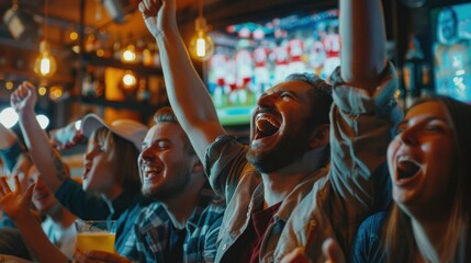 A group of fans at a pub cheering and clapping as they watch their team make a spectacular play on the TV screen