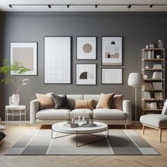 A living room with a template mockup poster empty white and with a couch and a coffee table lively has illustrative meaning has illustrative meaning.
