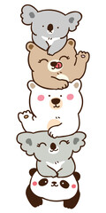 Vector Illustration of Cartoon Bear, Koala and Panda Pile on Isolated Background
