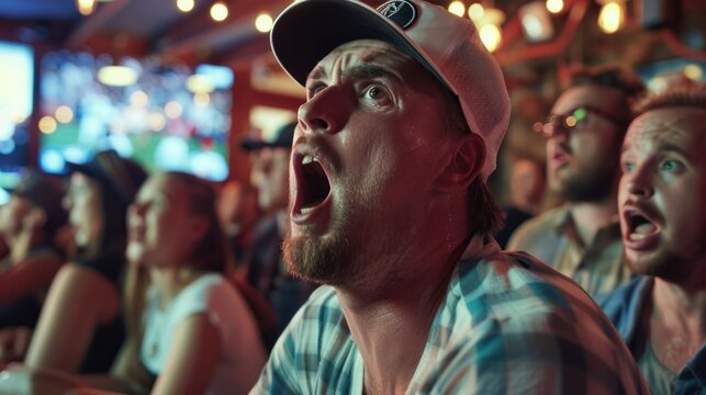 A group of fans at a sports bar reacting with disbelief and frustration to a missed opportunity during the match.