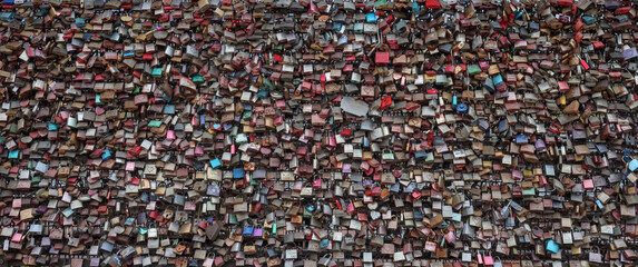 Frontal view, love locks wall, bridge, Cologne (Köln), Germany.  Background use.