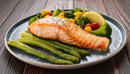 perfectly grilled salmon fish accompanied by tender asparagus spears and a medley of seasonal vegetables, showcasing exquisite culinary craftsmanship background