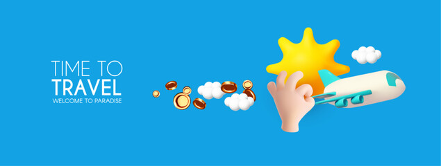 3D airplane travel concept. Booking service design. Flight cost.