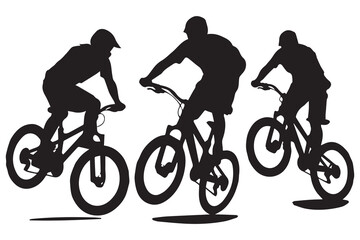 jumping bicyclist silhouettes white background