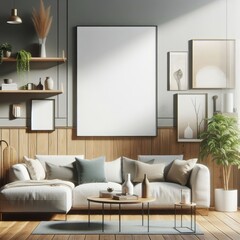 A living room with a template mockup poster empty white and with a couch and a coffee table standardscalex image photo has illustrative meaning card design.