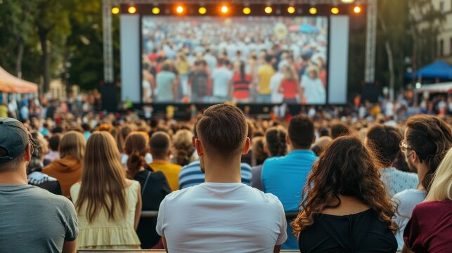 Crowds of supporters filling a town square, eagerly watching the big screen with excitement and anticipation during a public viewing event.