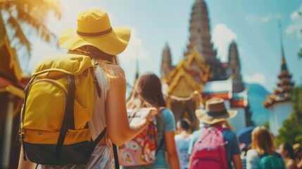 Naklejka premium Globetrotters of various nationalities enjoying themselves at must-visit tourist attractions, participating in communal adventures, relishing native cuisine, and touring cultural landmarks.