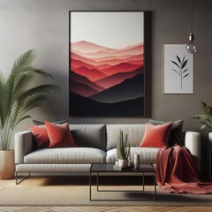 A living room with a template mockup poster empty white and with a couch and a painting on the wall image art card design.