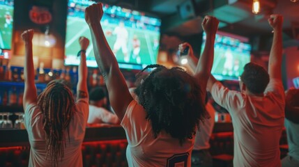 Patrons at a sports bar cheering and chanting together as they watch the action unfold on multiple TV screens.