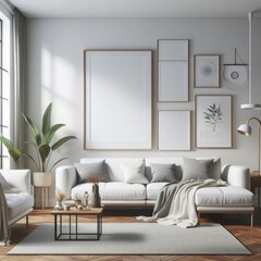 A living room with a template mockup poster empty white and with a couch and a picture frame image realistic photo harmony.