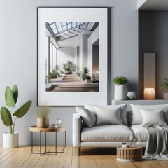 A living room with a template mockup poster empty white and with a couch and a picture of a house image attractive harmony used for printing.