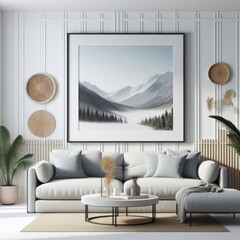 A living room with a template mockup poster empty white and with a couch and a picture on the wall image attractive has illustrative meaning used for printing.