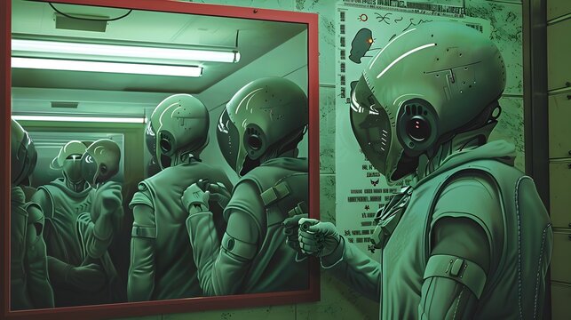 Enigmatic Green Humanoid Entities Examining Advanced Futuristic Technology in Mysterious Laboratory Setting