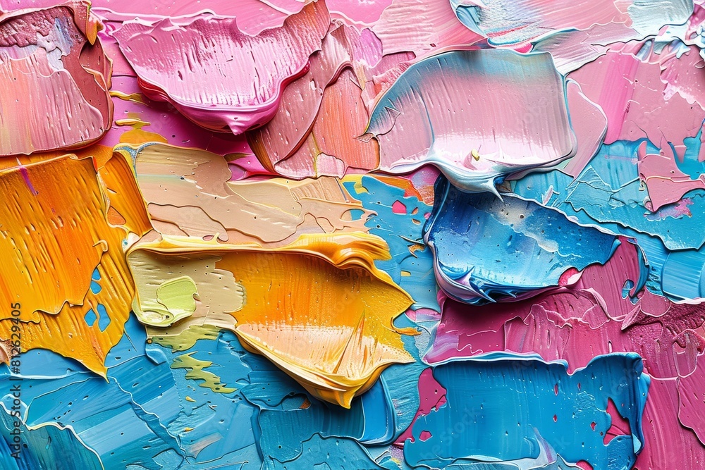 Poster close-up image of thick textured paint strokes showing an array of colors blending together