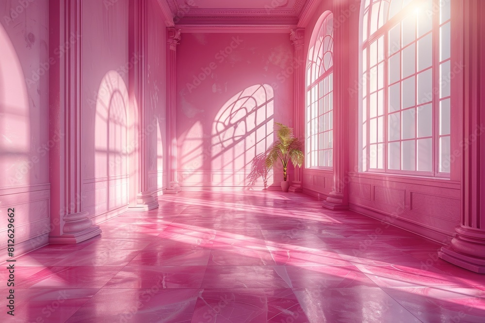Poster sunlight casts through large windows in a classical architecture room with pink tones, creating a wa