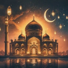 Eid Mubarak Muslim art greetings with golden mosque and brown background wallpaper. abstract vector illustration design. © gdv