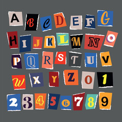 Letters cut and torn from magazine on wrinkled paper background. Design elements for creative typography, scrapbooking, cards and posters. Vector Illustration.