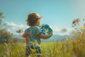 Young Boy Holding Globe Amidst Wildflowers, A toddler holds a globe, symbolizing youthful hope and care for our planet in a wildflower field - Save the planet concept

