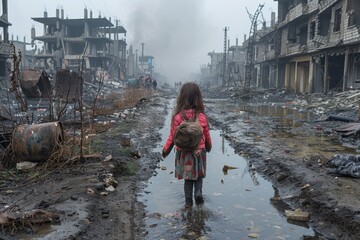 Naklejka premium A young girl walks alone through the devastated streets of a war-ravaged town, a stark contrast of childhood innocence