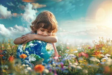 Young Child Embracing Globe in Sunny Floral Field, A young child lovingly hugs a globe surrounded...