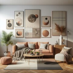 A living room with a template mockup poster empty white and with a couch and art on the wall image lively has illustrative meaning.