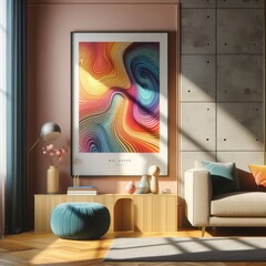 A living room with a template mockup poster empty white and with a couch and a painting on the wall image art attractive lively.