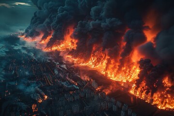 The aerial perspective of a city in chaos with unstoppable fires shows the scale of a major disaster and the fragility of modern cities