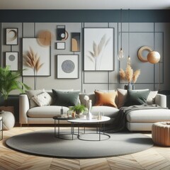 A living room with a template mockup poster empty white and with a couch and coffee table image realistic has illustrative meaning used for printing.