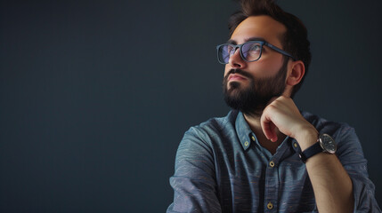 Obraz premium elegant young man thinking or curious something big blank place for your text or design for banner or ad social media post