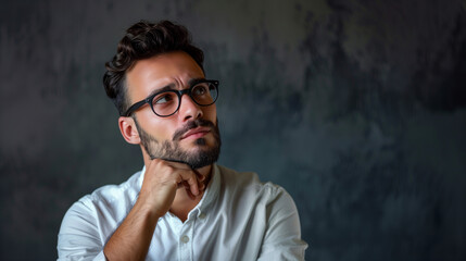 Fototapeta premium elegant young man thinking or curious something big blank place for your text or design for banner or ad social media post