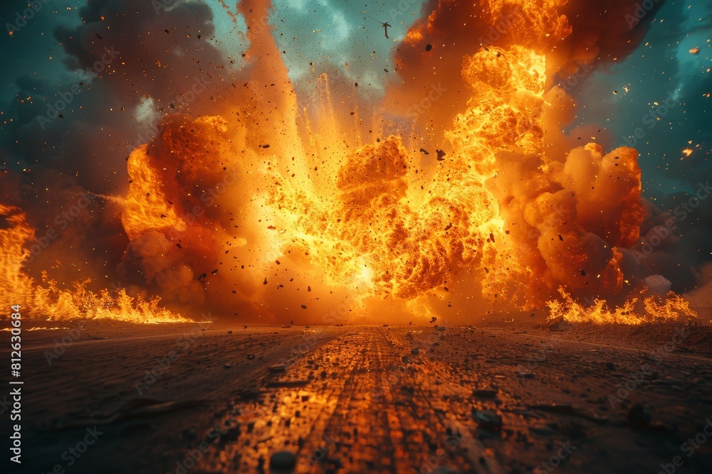 Poster massive explosion creating a powerful shockwave on an empty road with fiery background