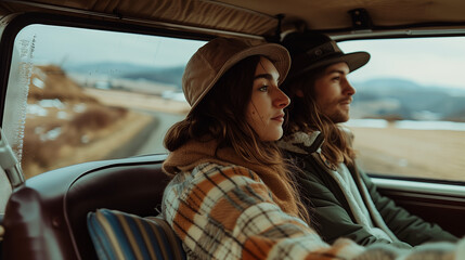 Naklejka premium photo of young woman driving a car with their friend in the Alps