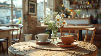 two cup of coffe on the table in a coffee shop, café rustic, interior in minimalist design style