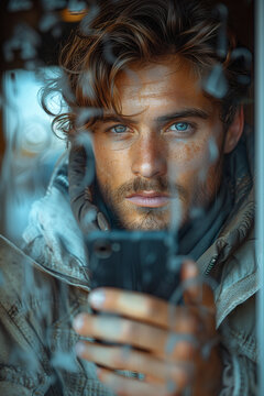 handsome hot guy man using typing smartphone 