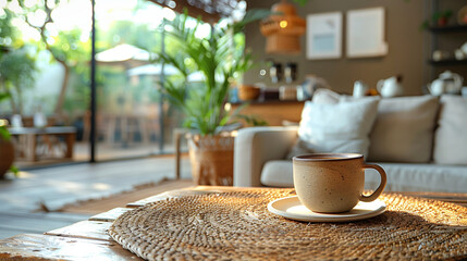 a cup of coffe on the table in a coffee shop, café rustic, interior in minimalist design style