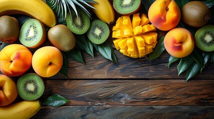 Frame of tropical exotic fruits on a wooden background, copy space, for a postcard or poster