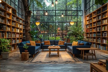 A warm and inviting library space featuring comfortable seating, tall bookshelves, and lush plants...