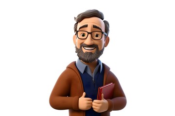 3d portrait of a teacher. Avatar of a teacher with a textbook in his hands on a white background