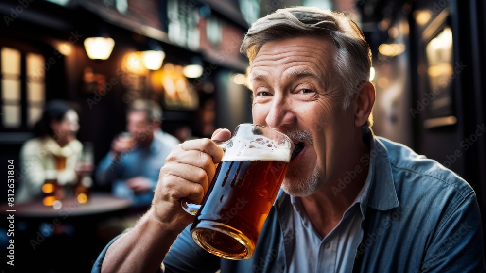 Poster A man drinking a beer in front of other people, AI