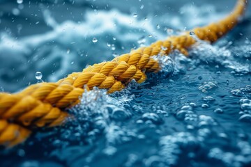 Close-up of a yellow rope partially submerged in still water, highlighting the tranquil ocean setting