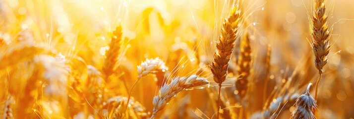 Naklejka premium Wheat Harvest. Rural Farm Field with Golden Wheat Ears at Sunset. Agriculture Harvest Banner Background