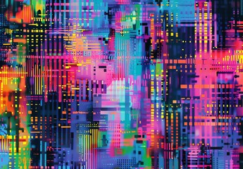 This image showcases a colorful digital glitch art composition with a chaotic pattern of pixels