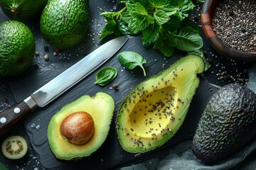 Ripe avocados with stone, basil leaves, black pepper, and sesame on dark background, perfect for health and nutrition