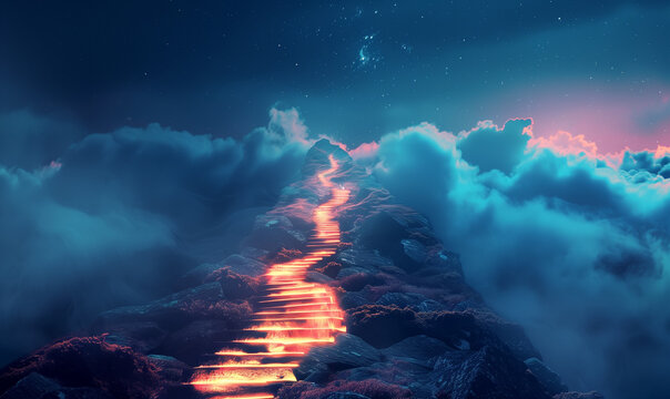 A brightly shining path leading to the top of the mountain means a defined business success strategy, where constant pursuit of the goal brings development and growth.