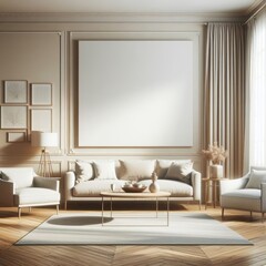 A living room with a template mockup poster empty white and with a large picture frame art realistic harmony lively.