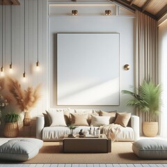 A living room with a template mockup poster empty white and with a large white frame art attractive card design.